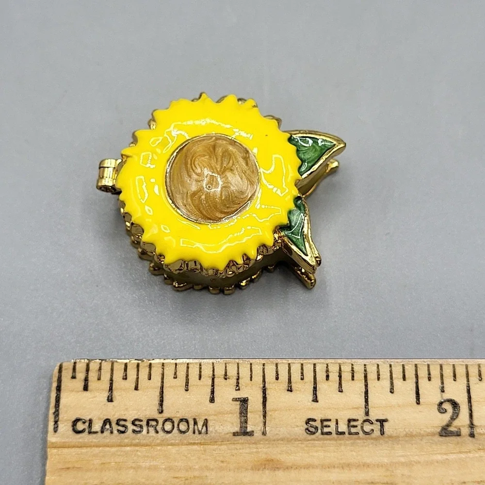Work of Art Sunflower Trinket Pill Box Enamel Magnetic Shel Decor Gold Yellow
